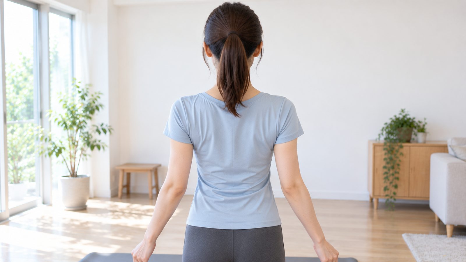 自宅で背中痩せの筋トレに取り組む女性の後ろ姿