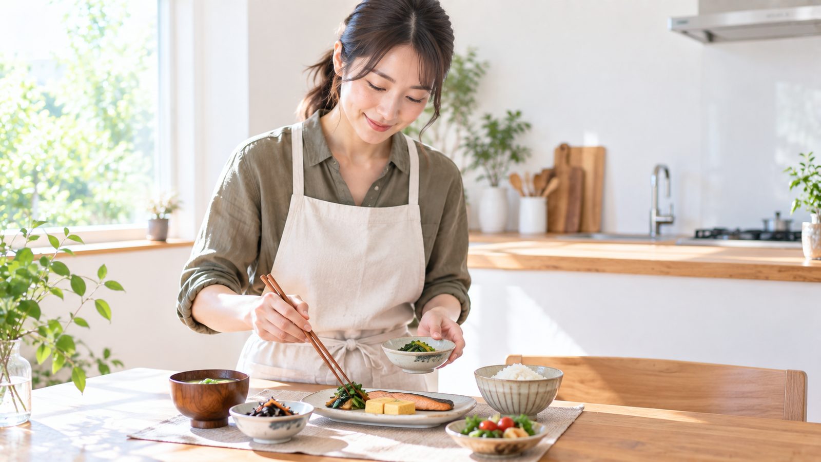 自宅で朝食を用意する女性