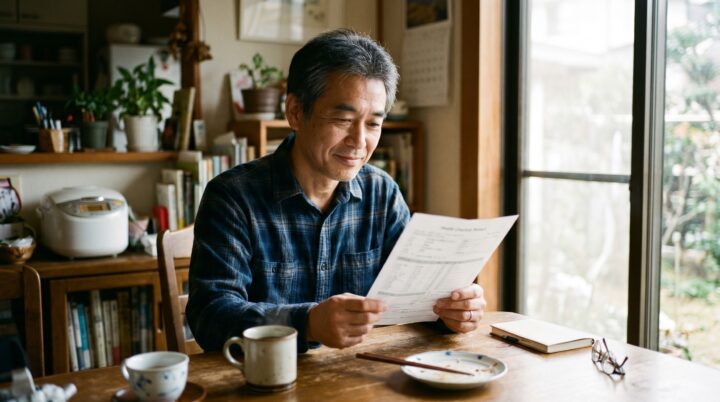 健康診断の結果を見る50代の日本人男性
