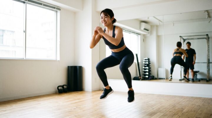 ジムでジャンプスクワットをする日本人女性