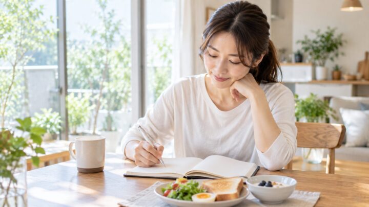 減量後の維持期に食事と生活を記録する女性