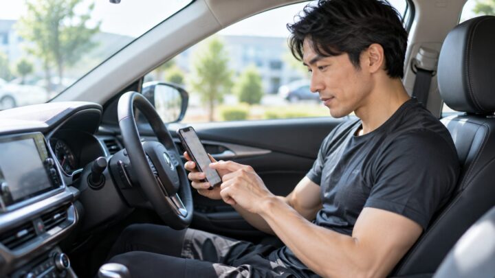 出発前にスマートフォンで行き先を確認する男性のイメージ