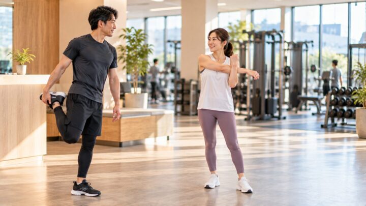 ジムでストレッチをしてから運動を始める男女のイメージ