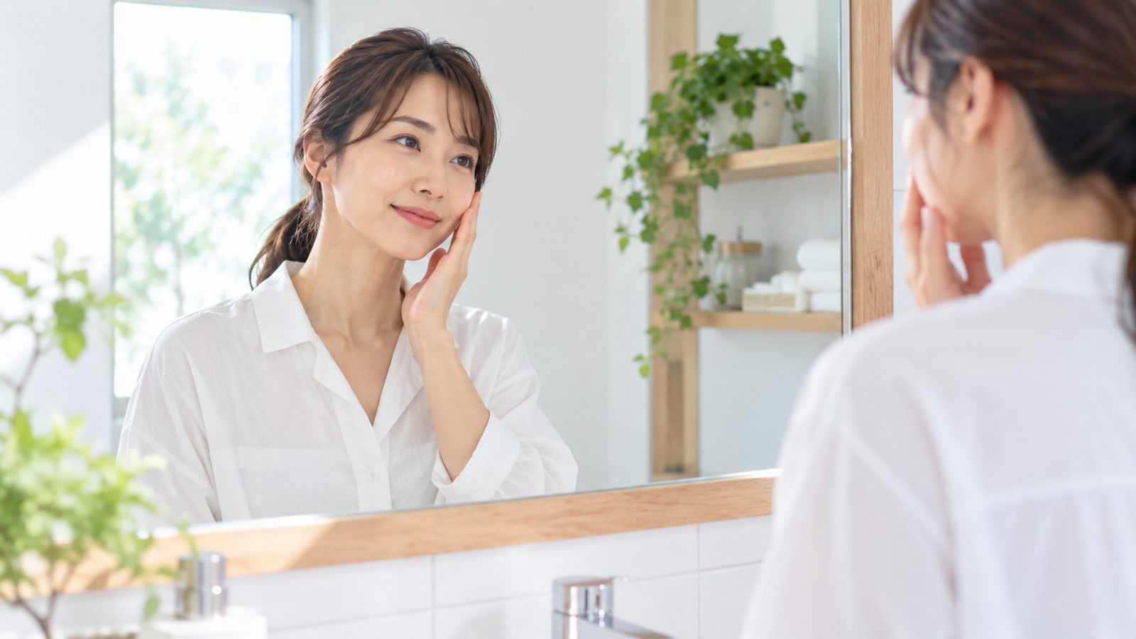 鏡の前でスキンケアをする女性