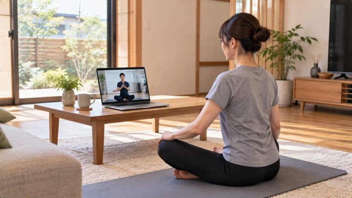 熊本の自宅でオンラインパーソナルトレーニングを受ける様子