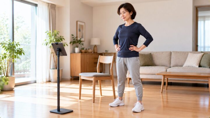 自宅のリビングでタブレットに向かいオンラインパーソナルトレーニングを受ける50代の女性