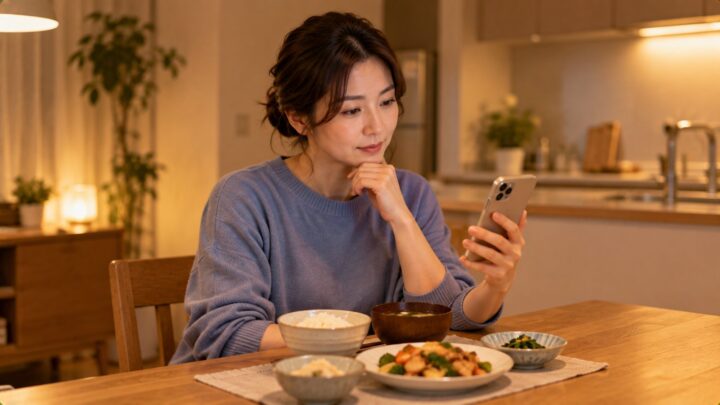 オンラインの食事指導を検討しながら夕食の前でスマートフォンを見る女性