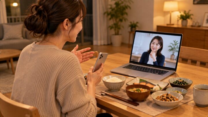 自宅からオンラインで食事の相談をする女性