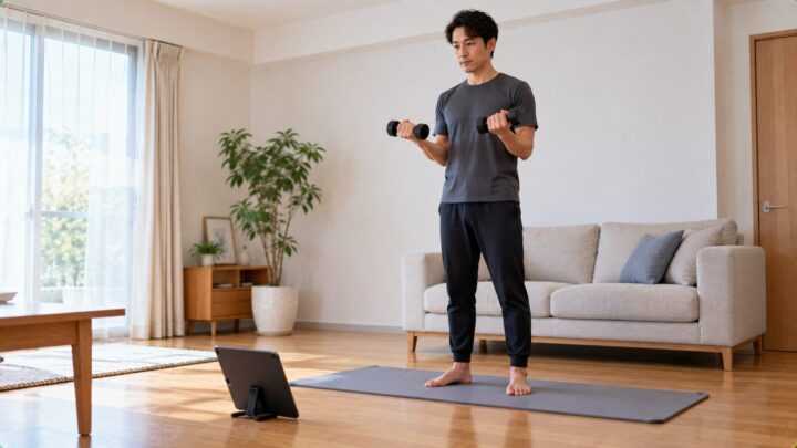 自宅でタブレットに向かいオンラインパーソナルトレーニングを受ける男性