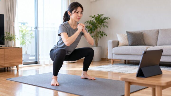 マンションのリビングでオンラインパーソナルトレーニングを受ける女性