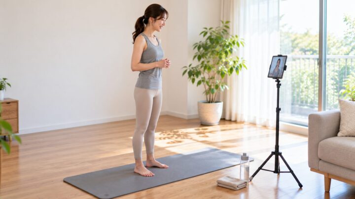 自宅でスマホ越しにオンラインパーソナルを始めようとしている女性