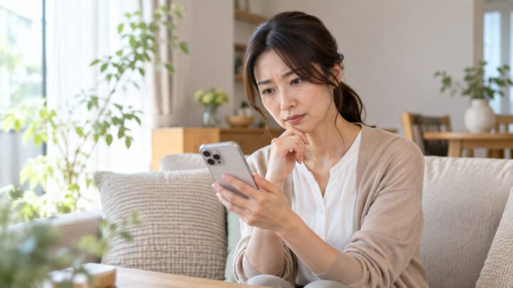 オンラインパーソナルトレーニングの広告を見て怪しいかどうか考える女性