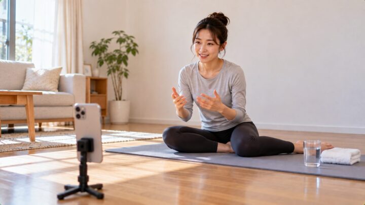自宅でオンラインパーソナルトレーニングの無料体験を受ける女性