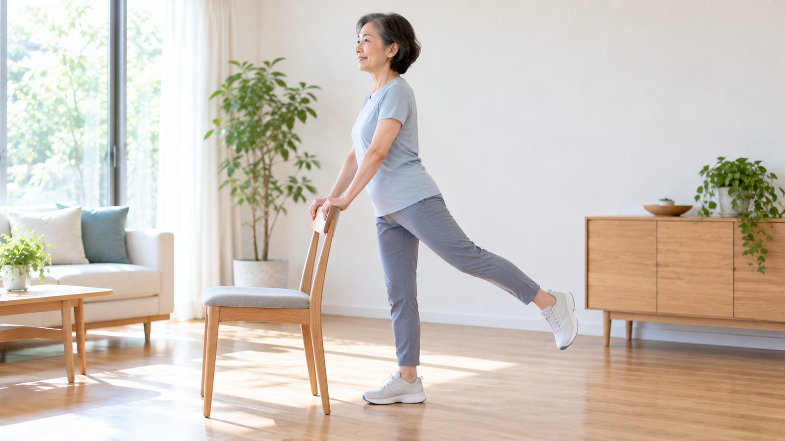 自宅で椅子を使って筋トレをする60代の女性