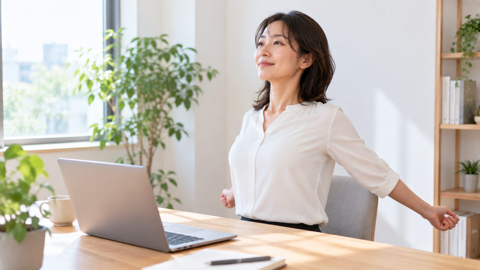 肩甲骨を動かして肩こりをケアする女性