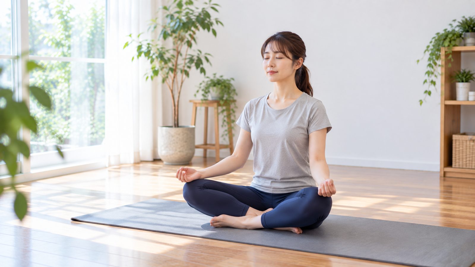 自宅でヨガをする初心者の女性