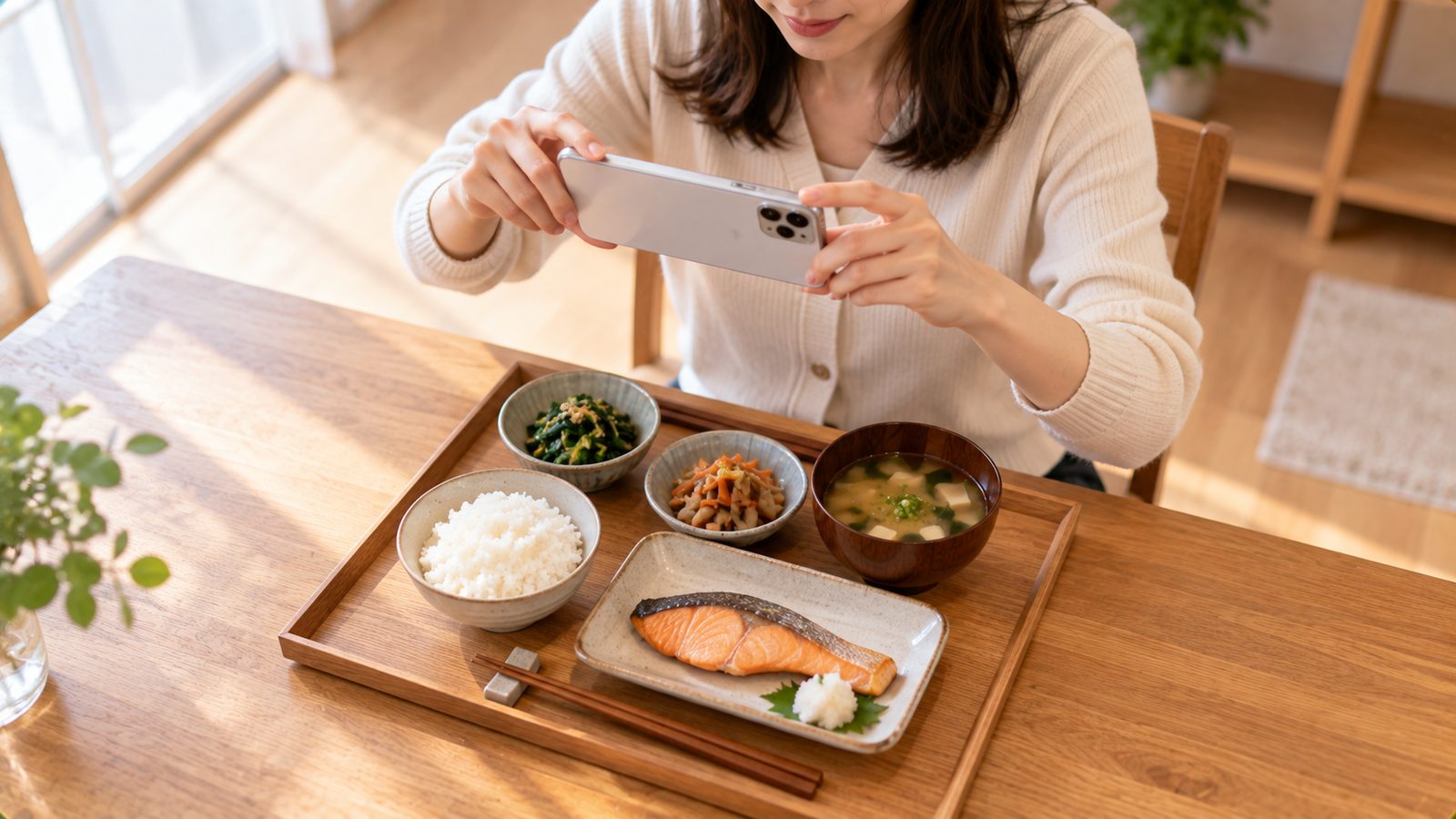 食事の写真をスマートフォンで撮って送る様子