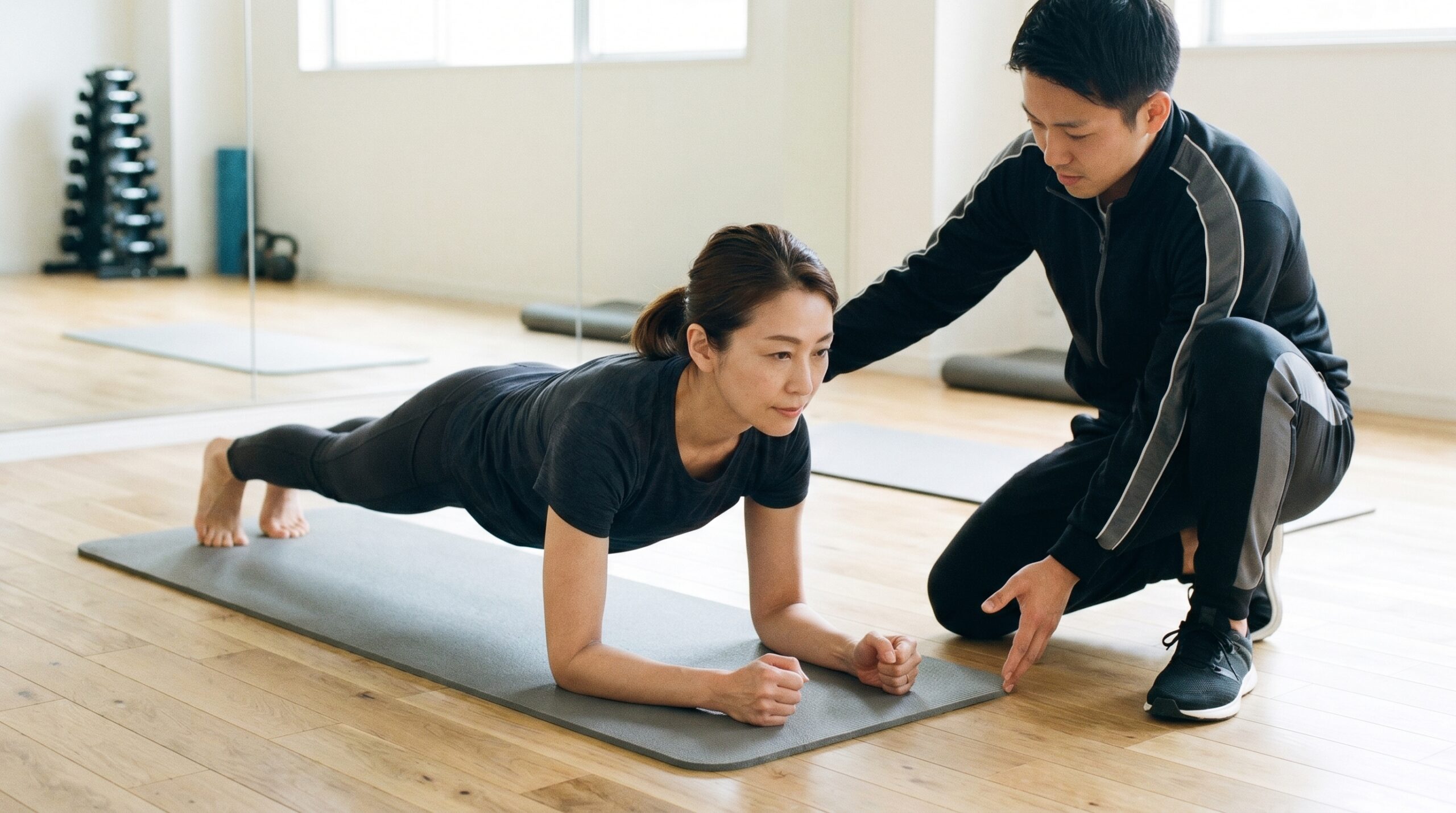 プランクで体幹を鍛える40代女性とトレーナー
