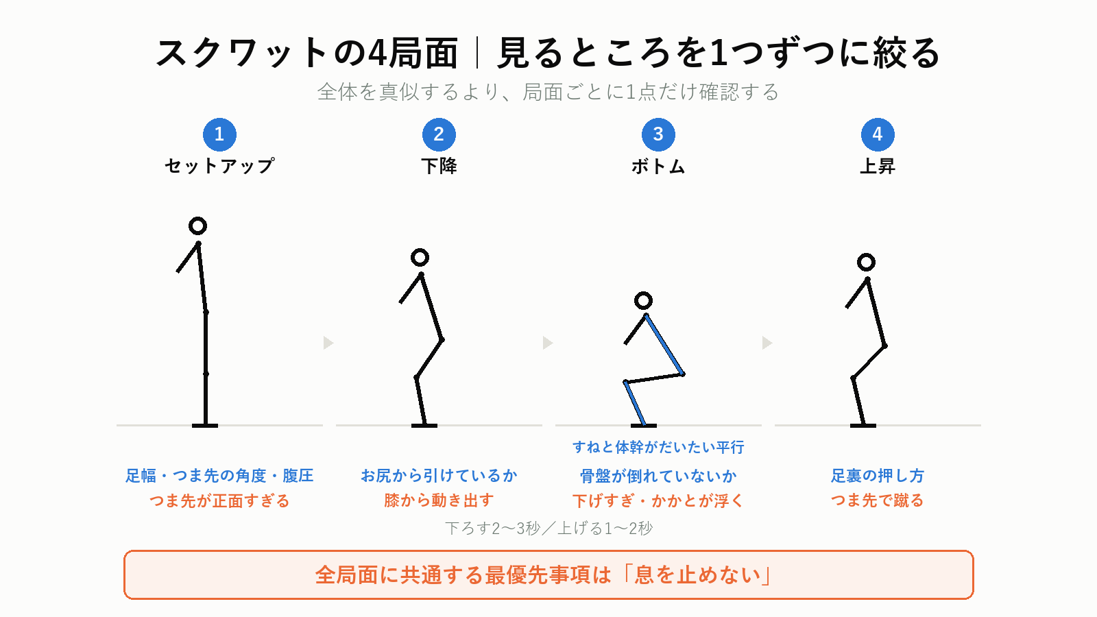 スクワット4局面(セットアップ・下降・ボトム・上昇)の連続図解