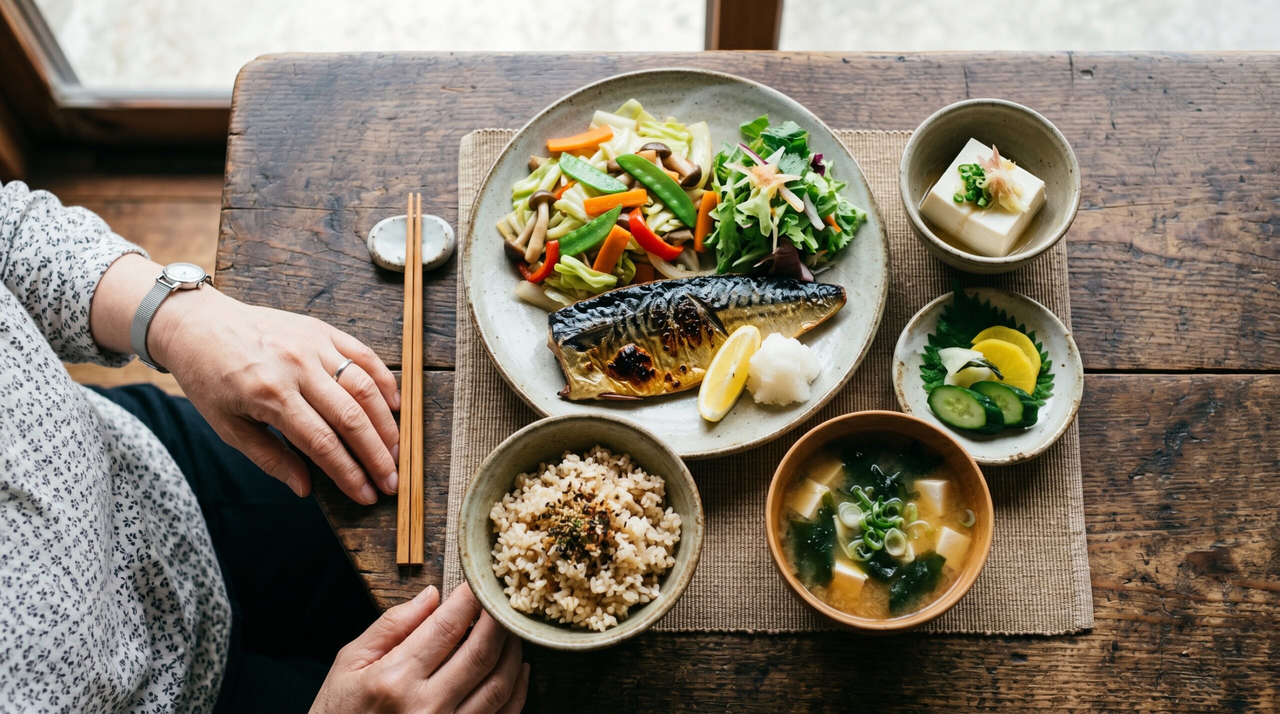 中性脂肪・血糖値対策の和定食(青魚・野菜・玄米)