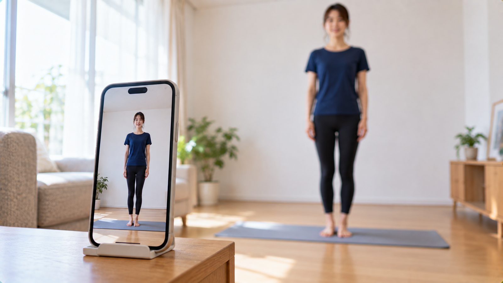 スマートフォンを低い位置に固定し、頭からつま先まで全身が映るように置いた例