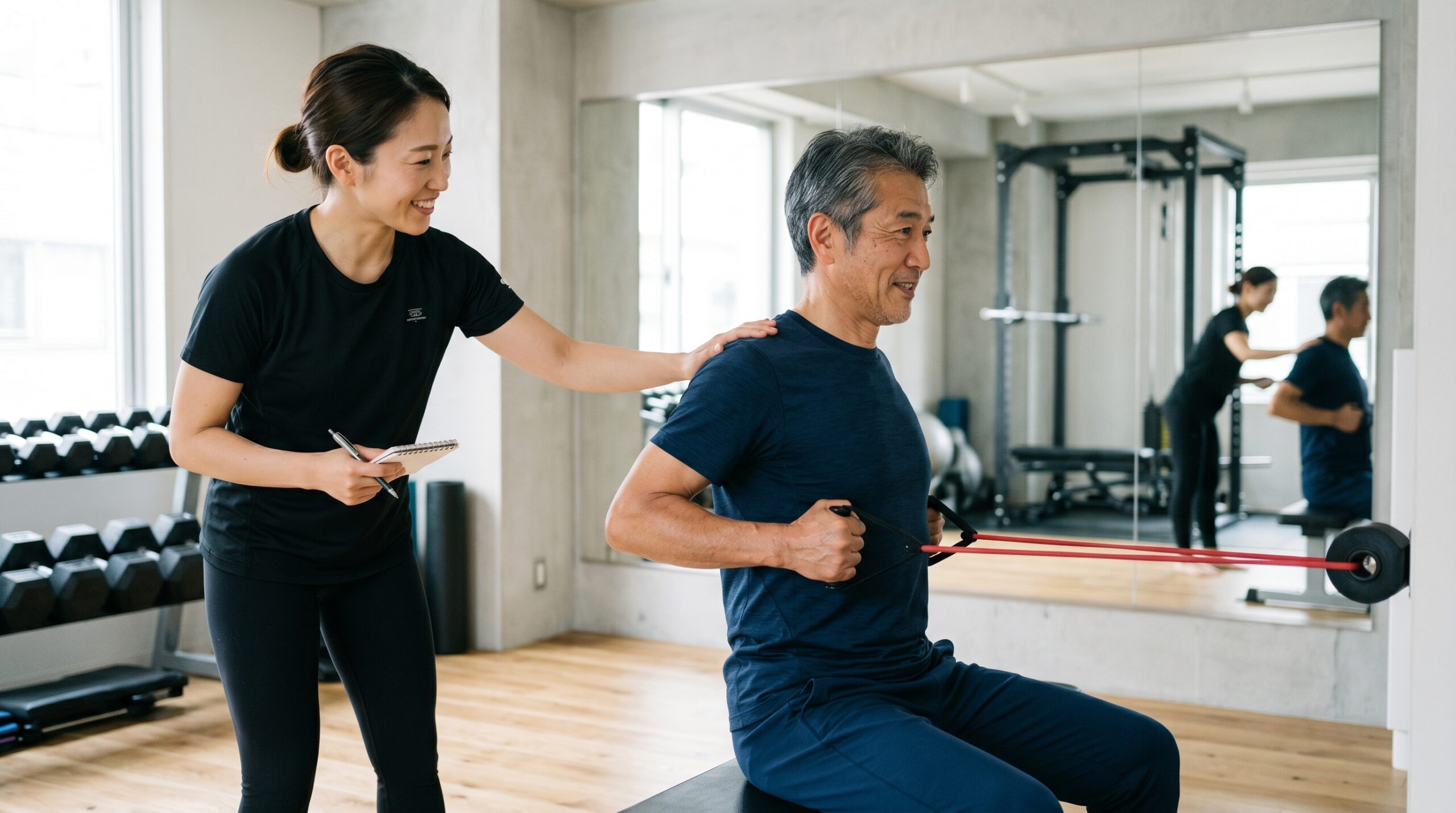 トレーナー指導のもと運動する50代男性