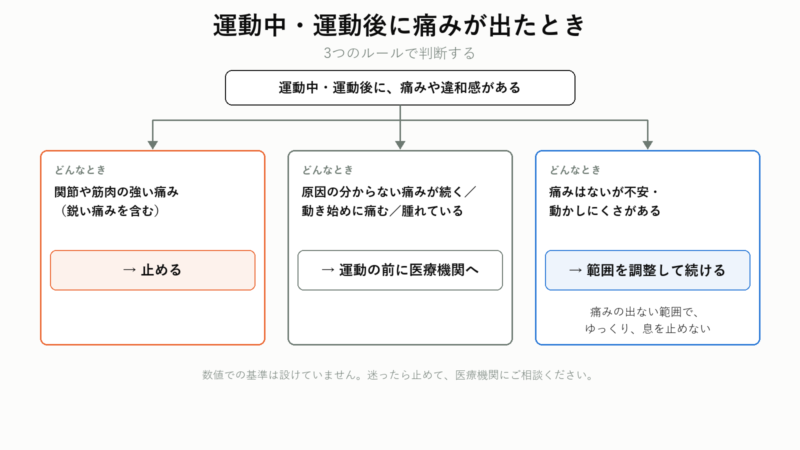 運動中に痛みが出たときに止める・医療機関へ・範囲を調整するの判断フロー