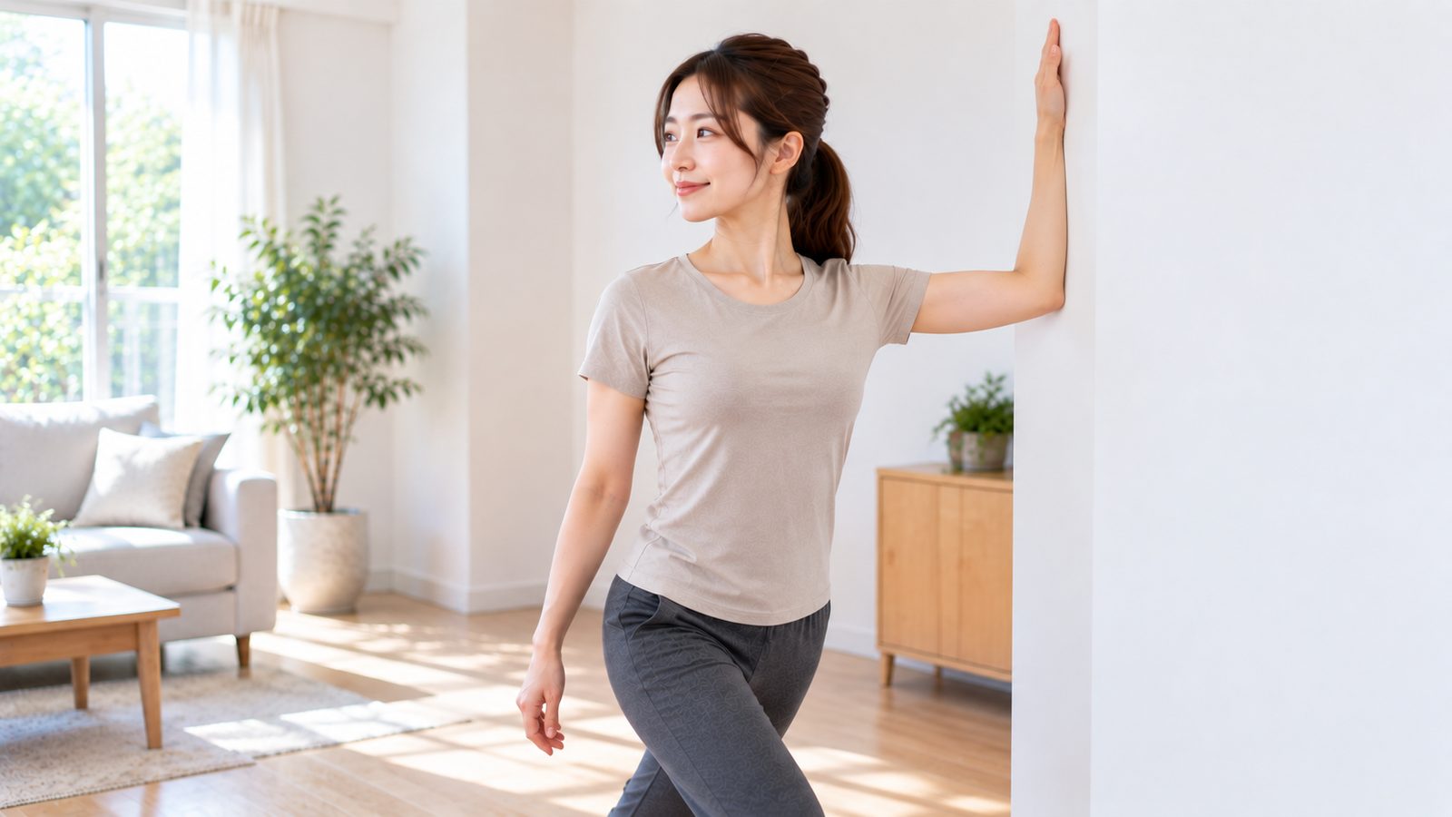 壁を使って胸の前を伸ばすストレッチ