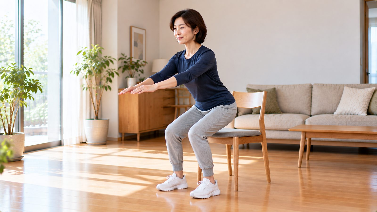 椅子を使ってお尻を後ろに引くスクワットをする50代の女性(斜め45度)