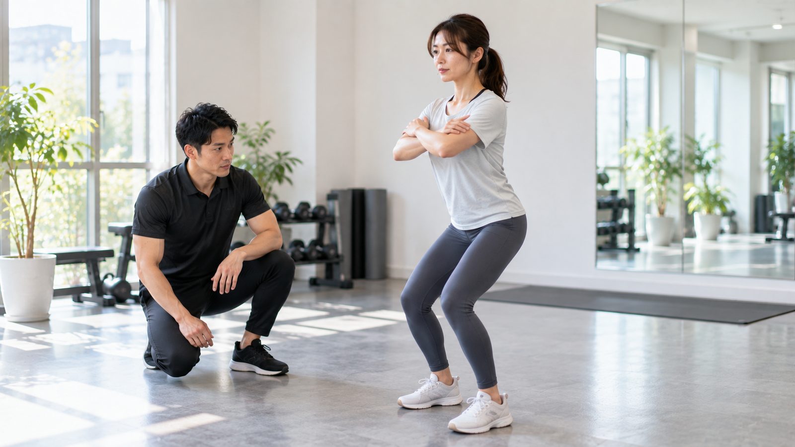 トレーナーがスクワットのフォームを確認しているイメージ