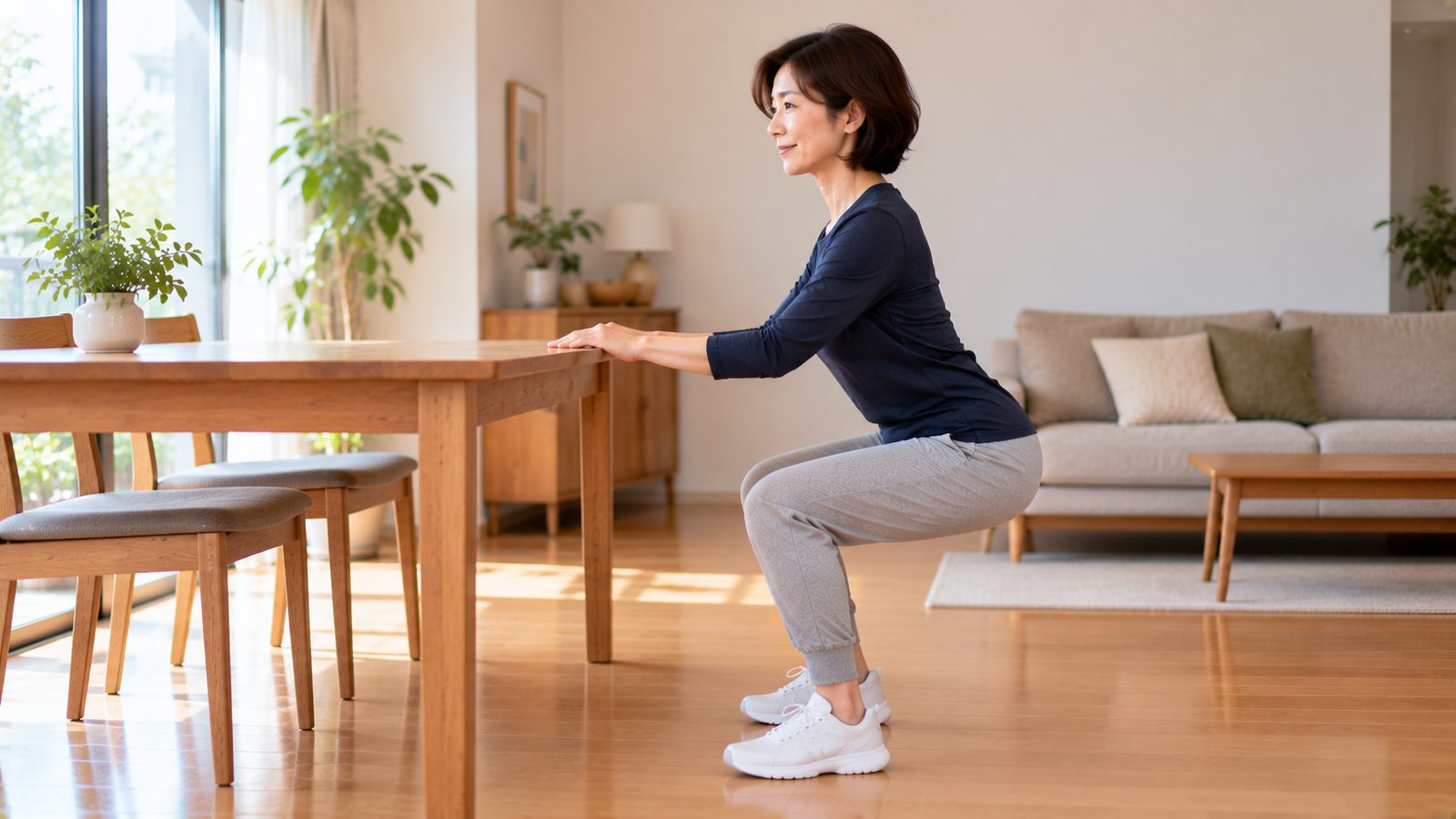テーブルに軽く手を添えてスクワットをする50代の女性(真横)