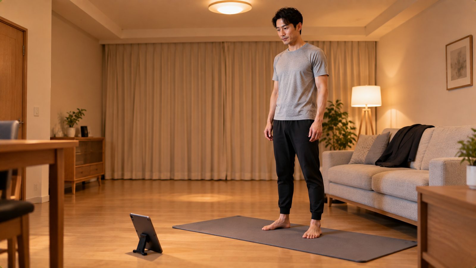 平日の夜に自宅でスマートフォンを使いオンラインのセッションを受ける男性