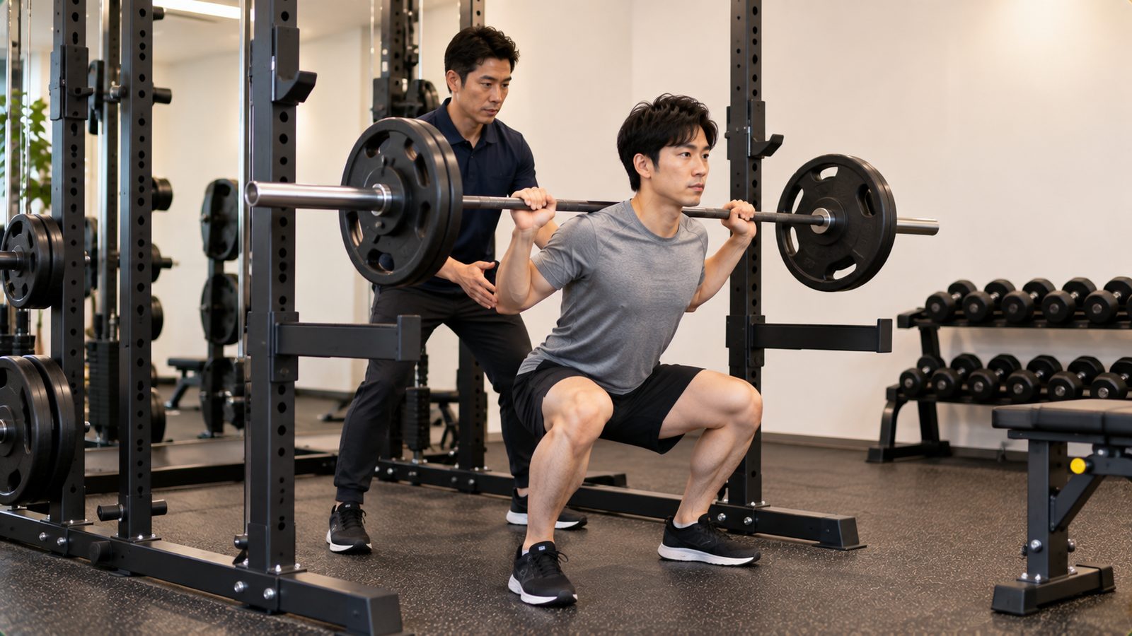 ジムで対面のパーソナルトレーニング指導を受ける様子