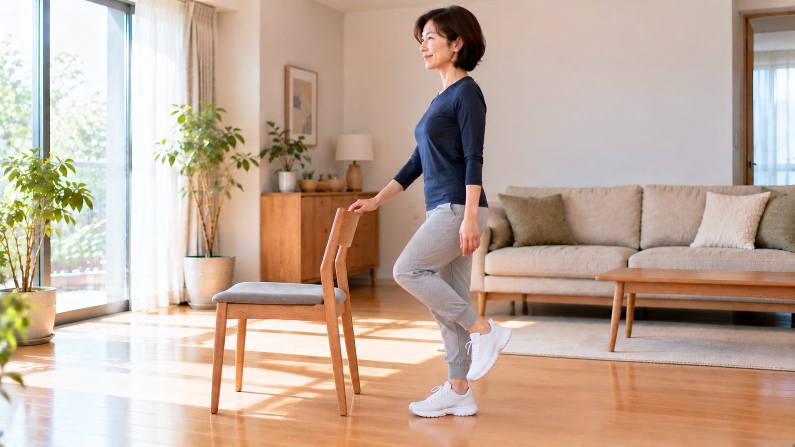 椅子の背に指先を添えて片脚立ちをする50代の女性(真横)