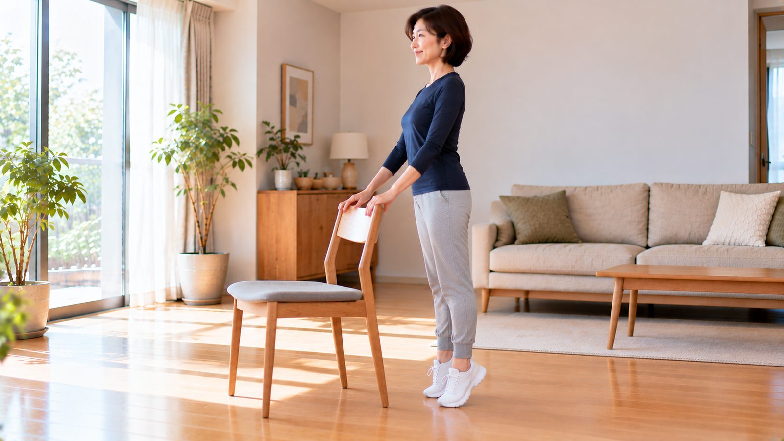 椅子の背に手を添えてかかと上げをする50代の女性(斜め45度)