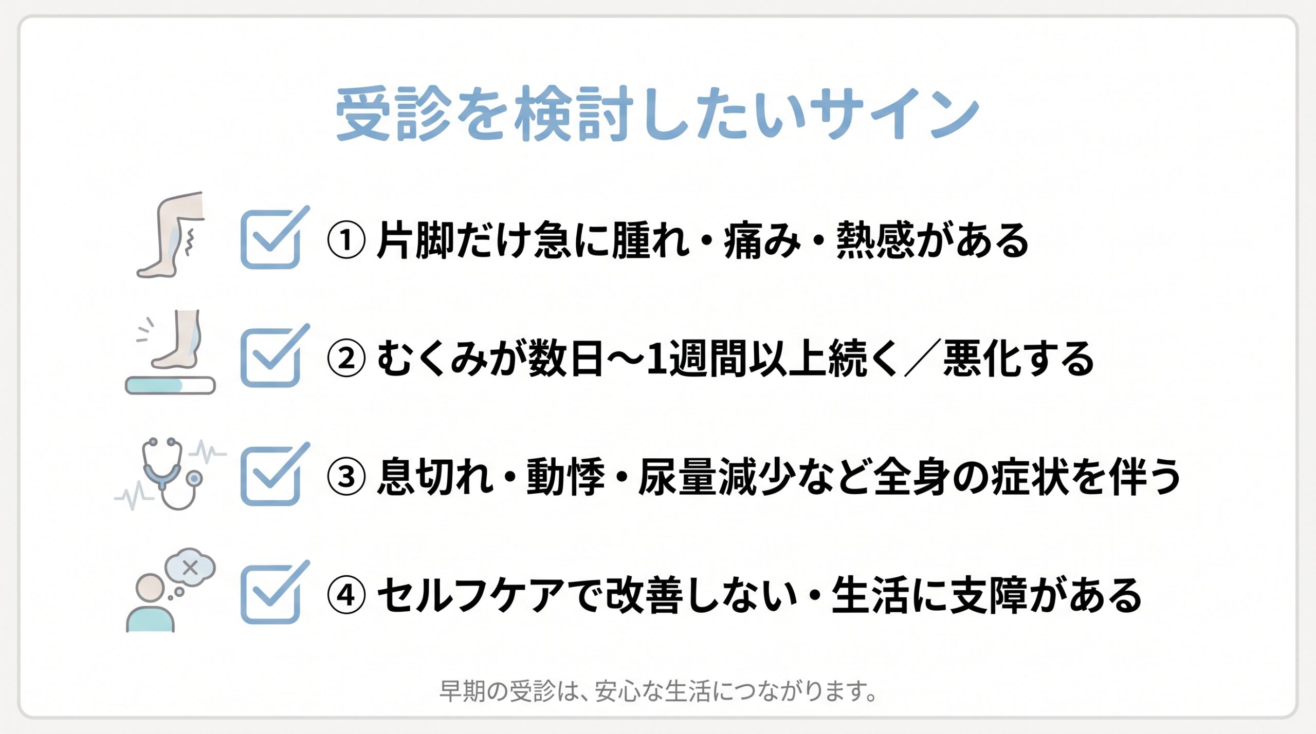 足のむくみで受診を検討したいサインのチェックリスト