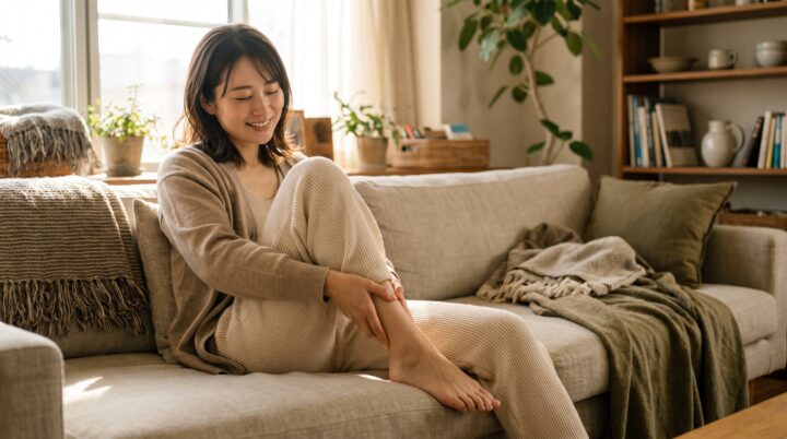 夕方の足のむくみ解消のためにふくらはぎをケアする女性