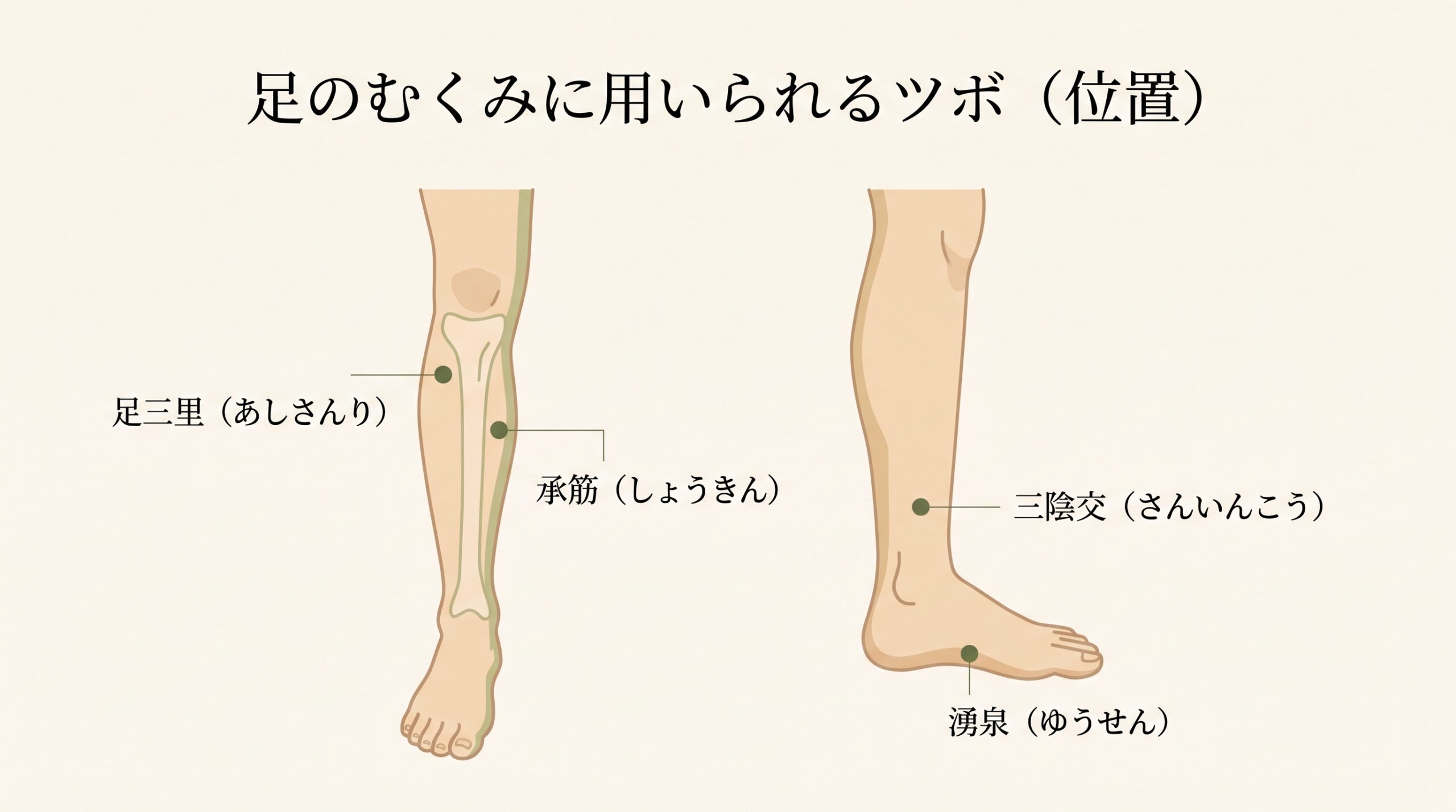 足のむくみに用いられる足三里・三陰交などツボの位置図解