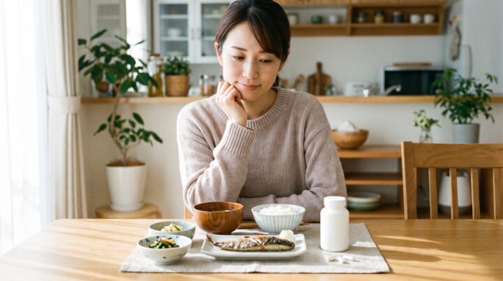 サプリメントと栄養バランスの整った食事を前に、ダイエットの栄養補助の考え方を見直す女性