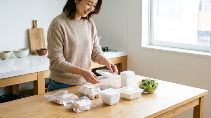 コンビニでたんぱく質を意識した食品を選ぶ様子