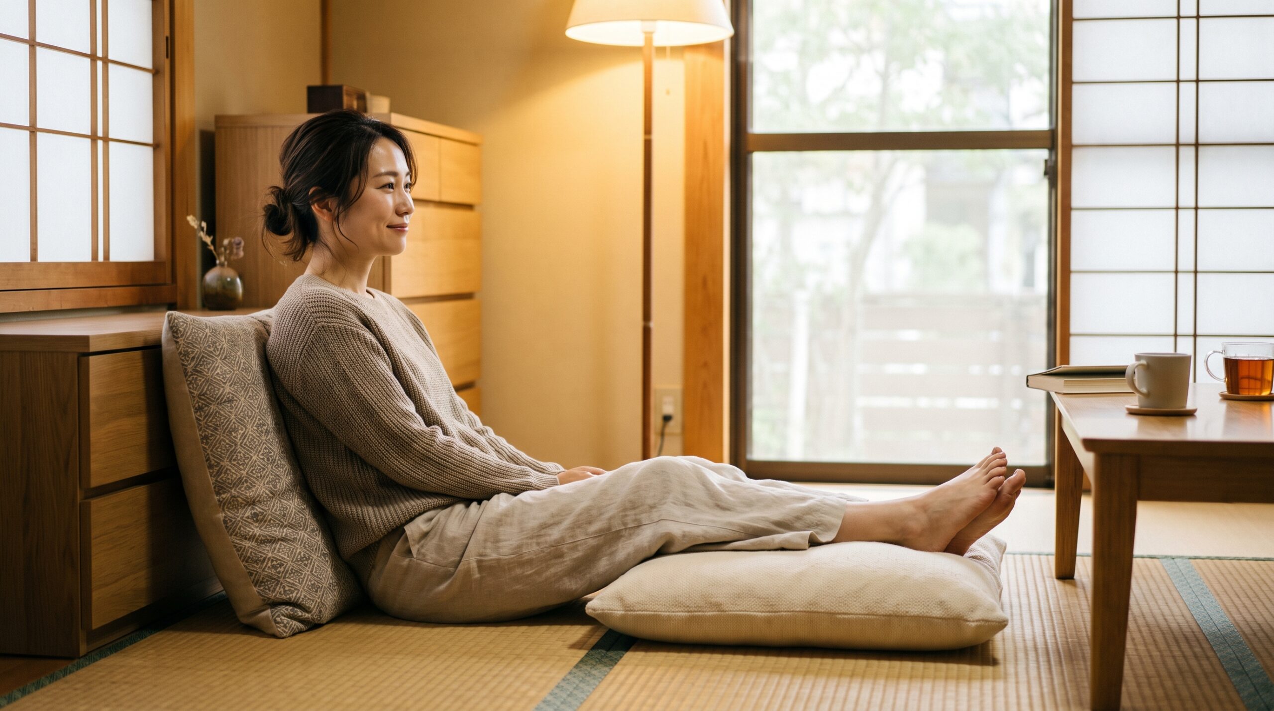 クッションで足を高くしてむくみをケアする足上げの様子