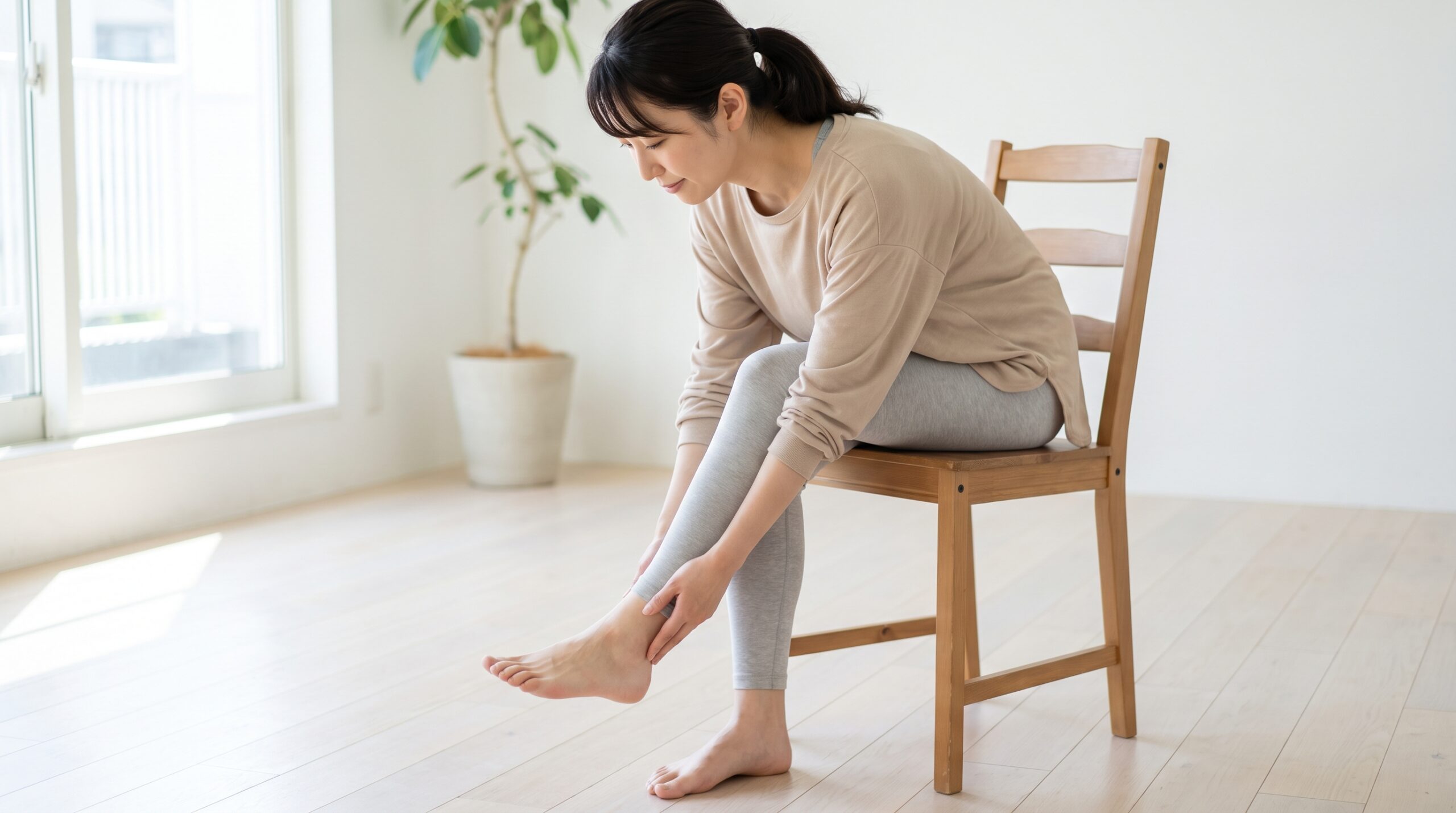 座って足首を回すむくみ対策ストレッチを行う女性
