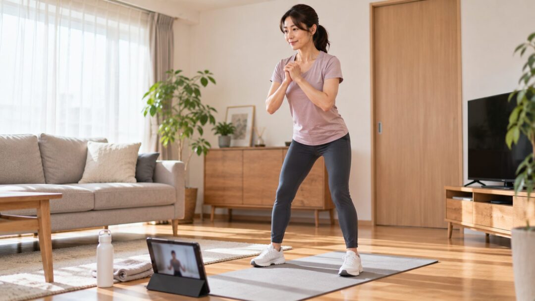 自宅のリビングでオンラインのパーソナルトレーニングを受ける女性