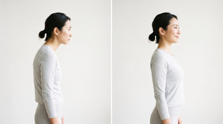姿勢矯正の効果イメージ:猫背と背筋が伸びた姿勢を比べる日本人女性