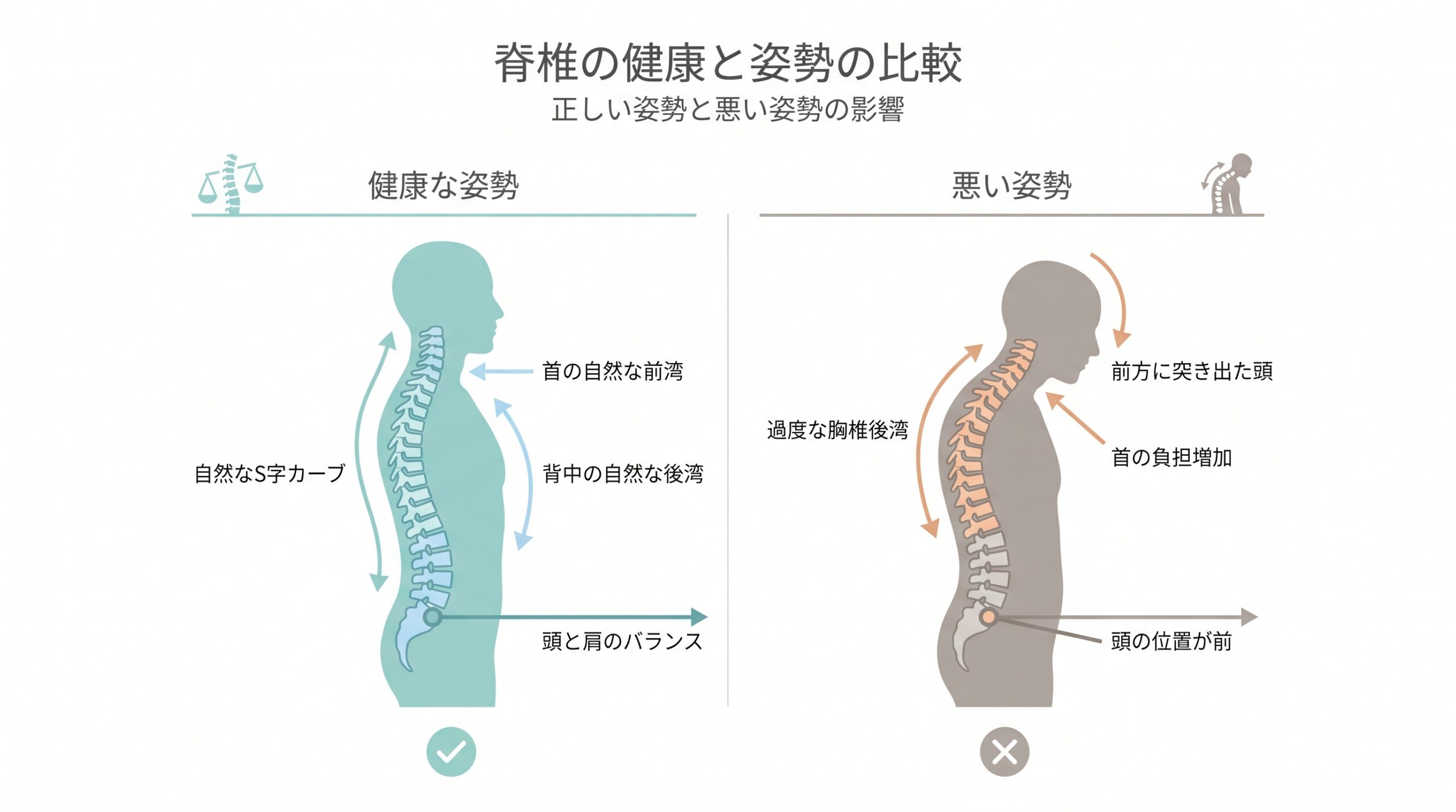 良い姿勢のS字カーブと猫背の背骨を比べた図解