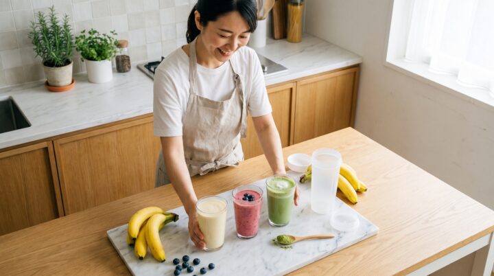 美味しく仕上げたプロテインドリンクを用意する女性