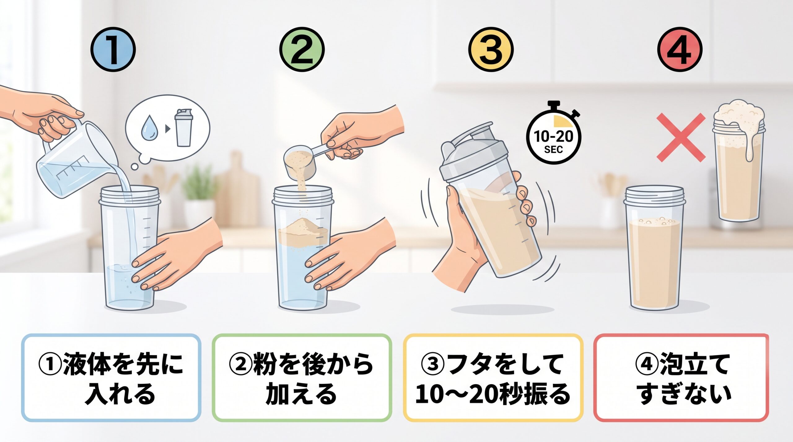 ダマにならないプロテインの混ぜ方4ステップの図解