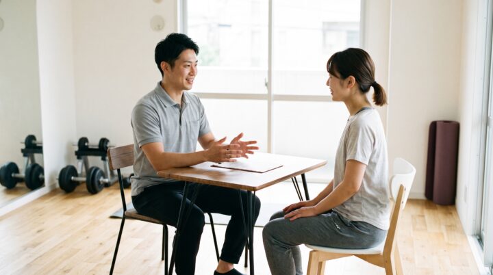 RBDジムの無料カウンセリングで姿勢について説明する様子