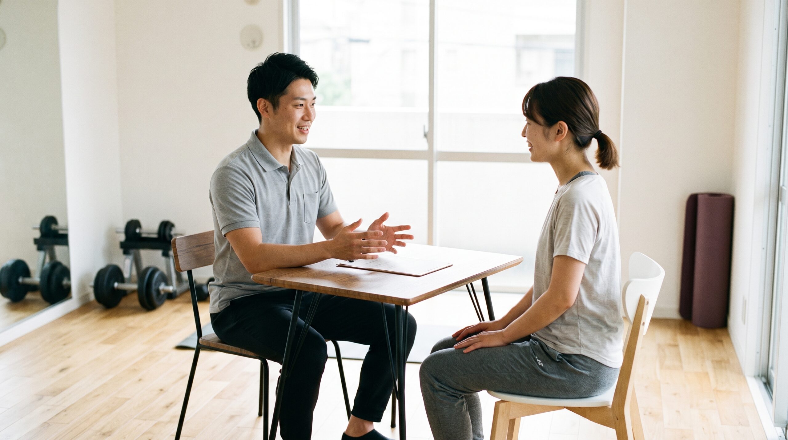 RBDジムの無料カウンセリングで姿勢について説明する様子