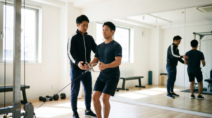 明るいジムでトレーナーと鍛える日本人男性